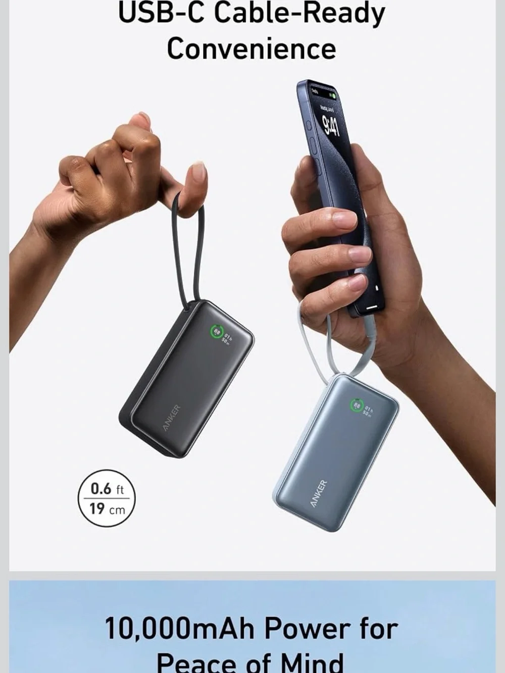 Anker Black Compact 10,000mAh Power Bank with Built-In USB-C. NEW